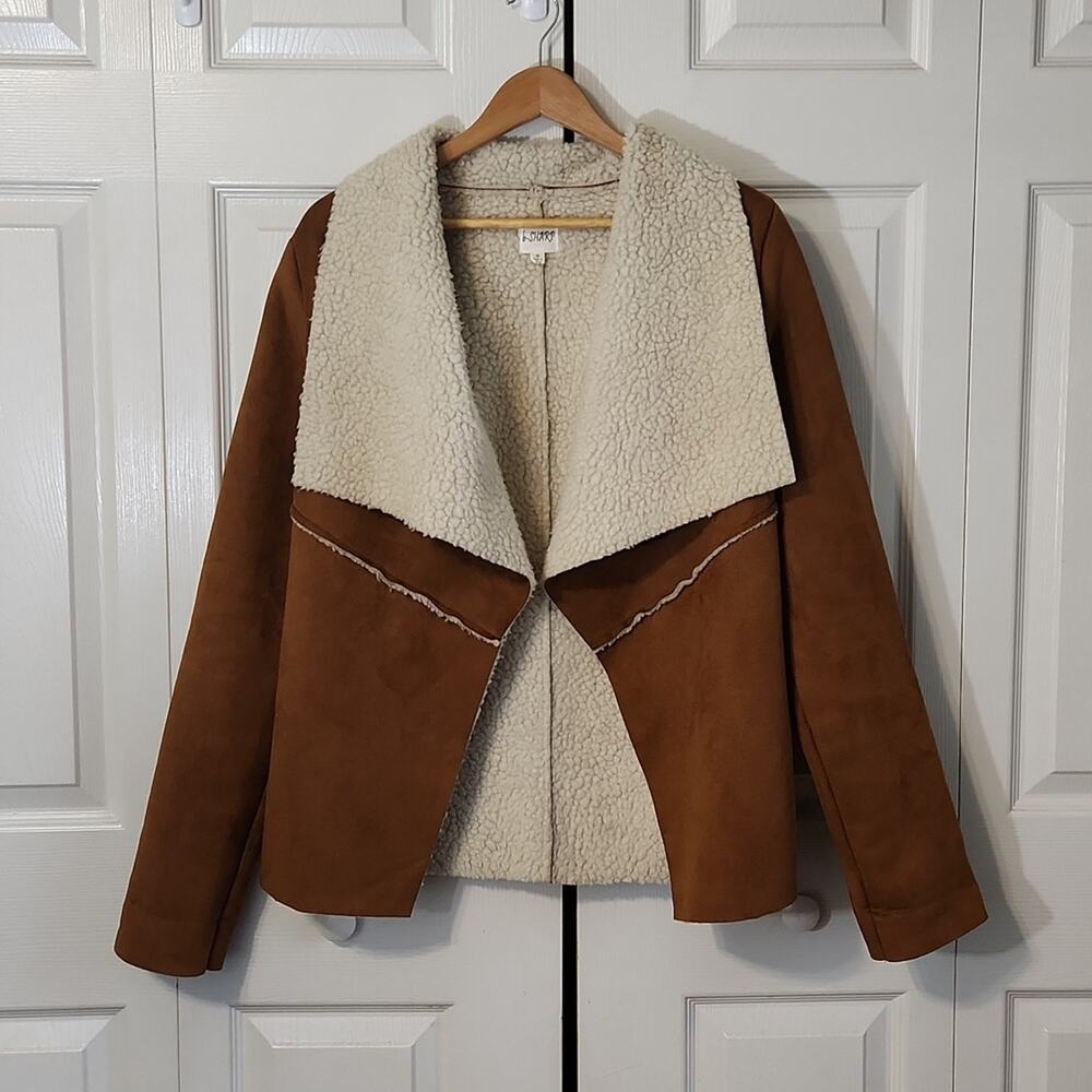 b-SHARP Womens Faux Suede Sherpa Coat/Jacket Size SM Open‎ Front Western Cowgirl